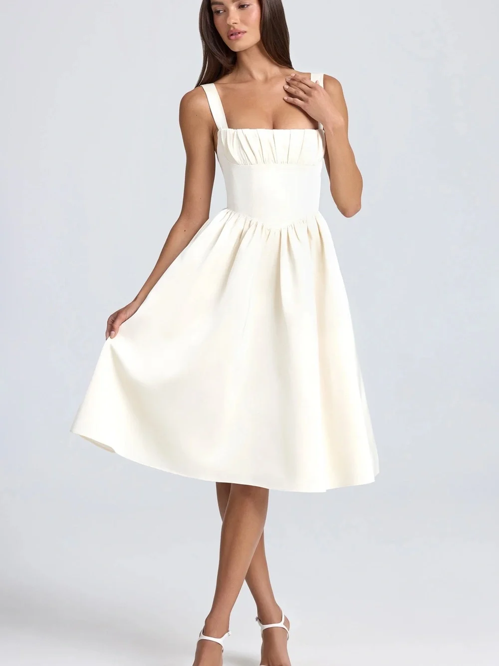 Cream Square-Neck Midi Dress with Gathered Bodice
